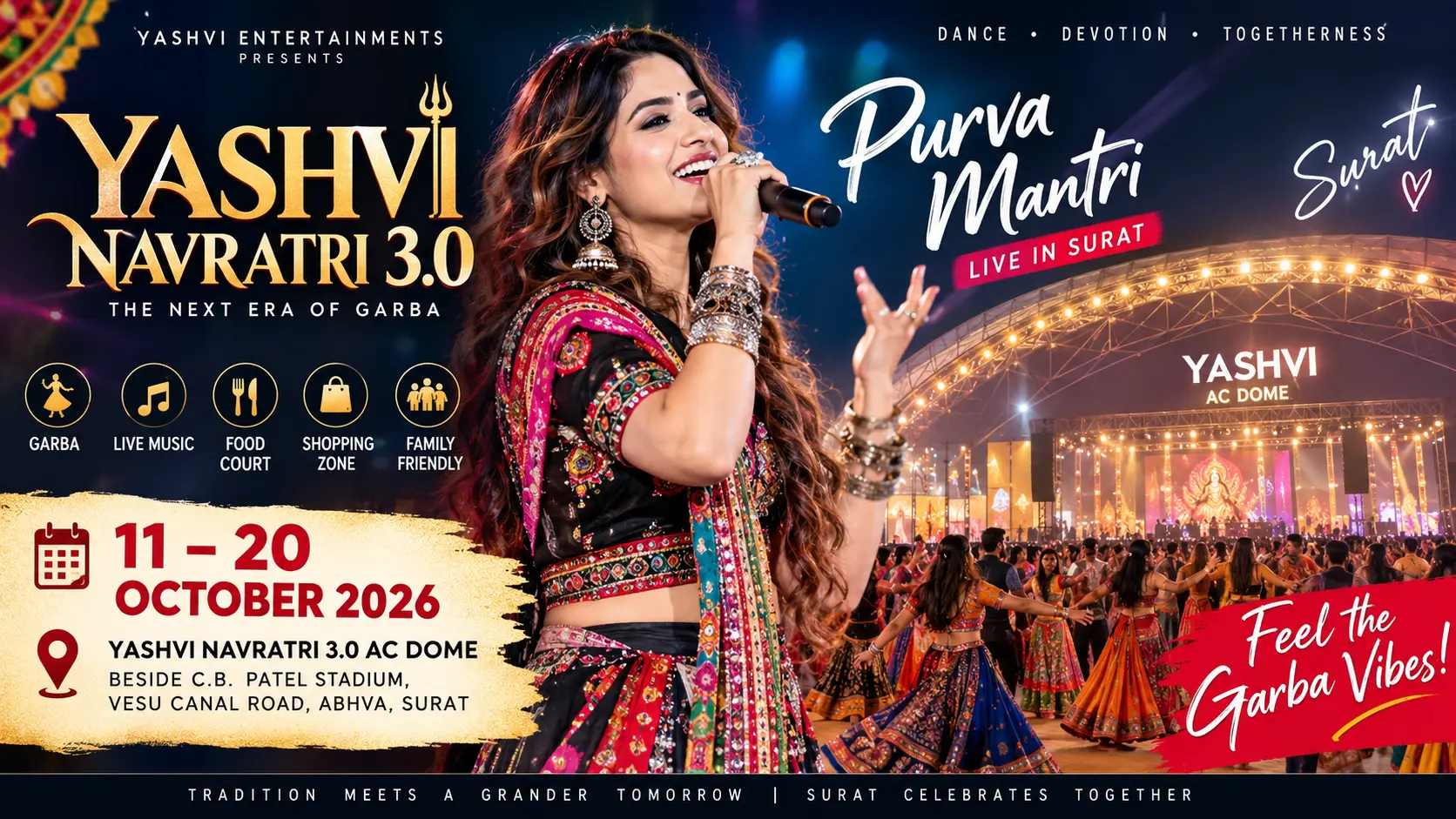 Yashvi Navratri 3.0 Surat 2026: Dates, Tickets, Venue, Purva Mantri, Timings & Complete Guide